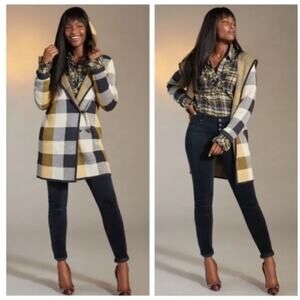 Cabi Women's Sweater Coat Hooded Cardigan Plaid Navy Yellow Size S Style #4229